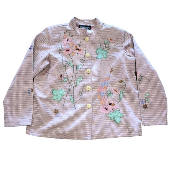 PINK EMBROIDERED KIMONO JACKET SZ L FLORAL WEARABLE ART FULLY LINED WOMENS - Picture 1 of 4